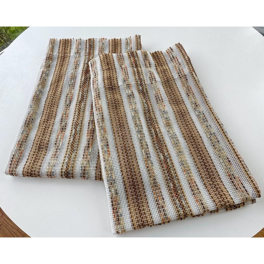 Vintage 70s curtains, beige, brown, tan, blue stripes, rod header, pair